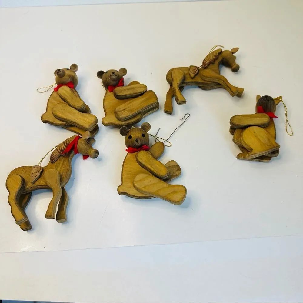Vintage Set Of 6‎ Articulated Wooden Ornaments Horse Bear Rabbit